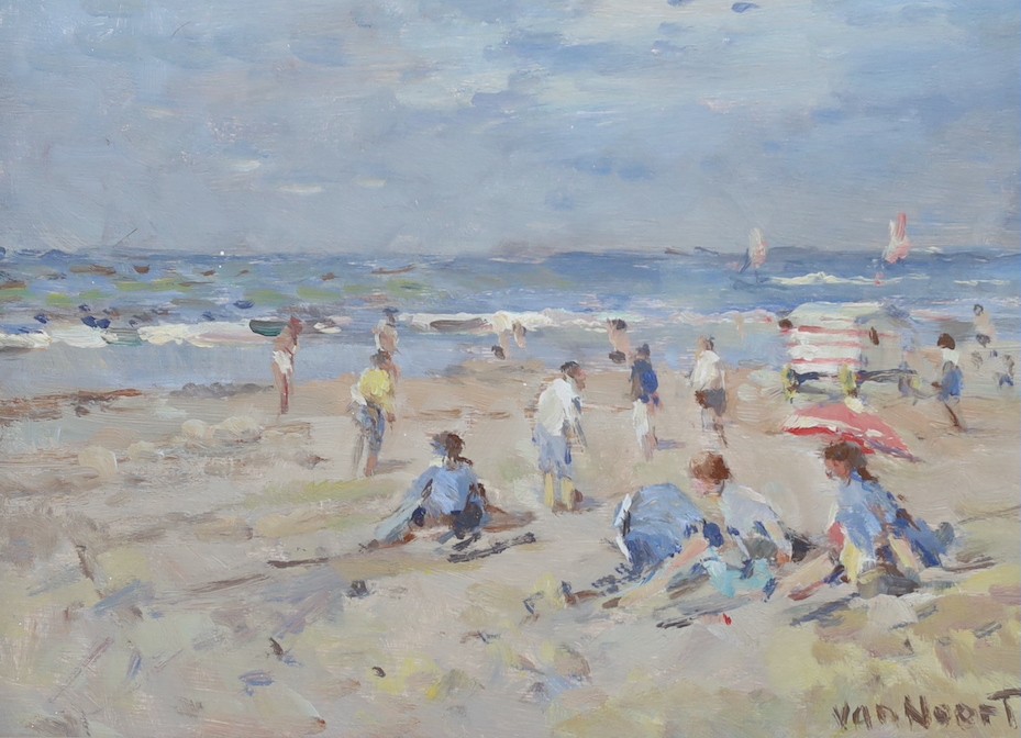 Arie Van Noort (1914-2003), two oils on board, Dutch beach scenes, signed, 14 x 19cm